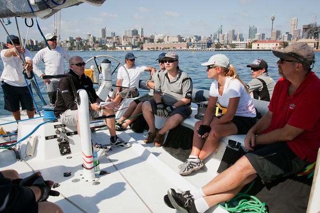 Crew briefing before the training session on Merit. - Rolex Sydney Hobart Yacht Race ©  Alex McKinnon Photography http://www.alexmckinnonphotography.com